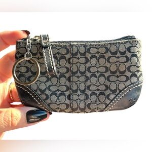 Coach Signature Canvas Coin Purse / Keychain Mini Skinny ID Case – Black & Gray